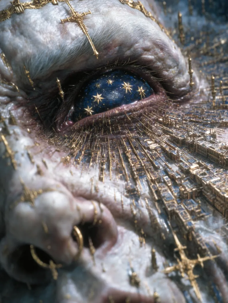 A close-up reveals a colossal, pale eye, its pupil a night sky studded with golden stars.  Intricate golden structures, resembling a miniature city, radiate outwards from the eye, detailing tiny buildings and spires.  The creature's flesh is textured and adorned with gold accents, including crosses, suggesting a blend of the celestial and earthly. The image evokes a sense of immense scale and otherworldly detail.