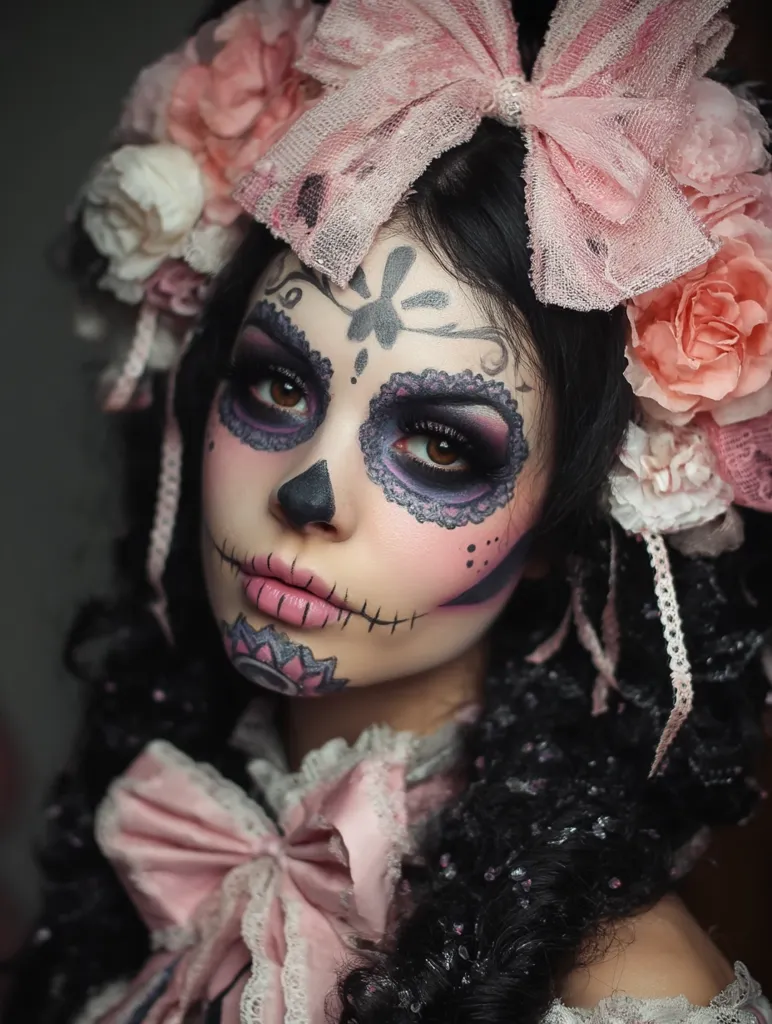 A young woman with dark curly hair adorned with a pink flower crown and bow is shown in close-up.  Her face features intricate Calavera Catrina makeup, a traditional Day of the Dead style, with dark eye makeup and delicate patterns. She wears a pink and lace dress, enhancing the overall aesthetic of elegant gothic beauty. The image evokes a blend of sweetness and macabre charm.