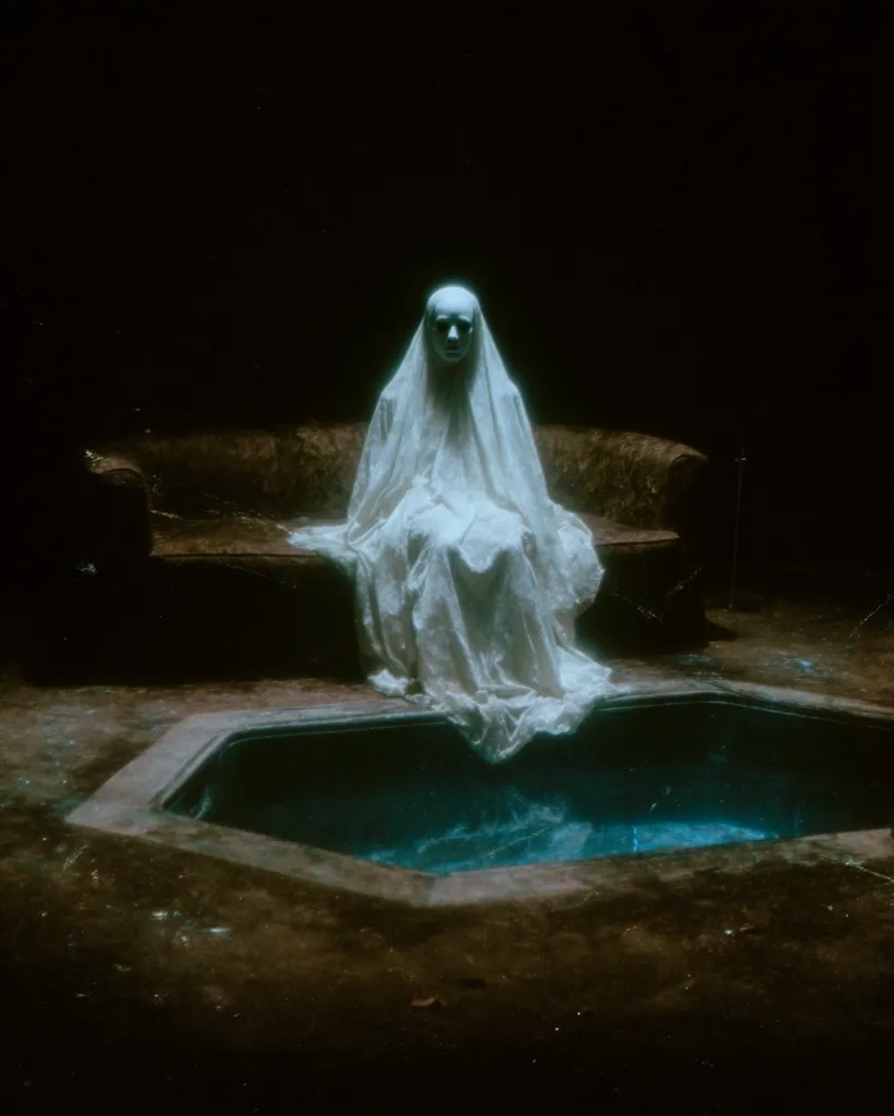A figure shrouded in a white, flowing garment sits on a worn couch.  The figure's face is obscured by a pale mask. The setting is dark and mysterious, with a small, hexagonal pool of dark, still water in the foreground. The overall mood is eerie and unsettling, evoking a sense of loneliness and isolation. The image is reminiscent of a gothic or surreal painting.