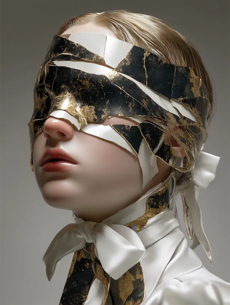 A close-up portrait showcases a woman with blonde hair, her eyes obscured by a fragmented mask. The mask, a striking blend of black and gold, appears fractured yet elegantly draped.  A pristine white collar and bow accentuate her delicate features, creating a contrast between the mask's damaged texture and the smooth, clean lines of her attire. The overall effect is one of intriguing mystery and delicate fragility.
