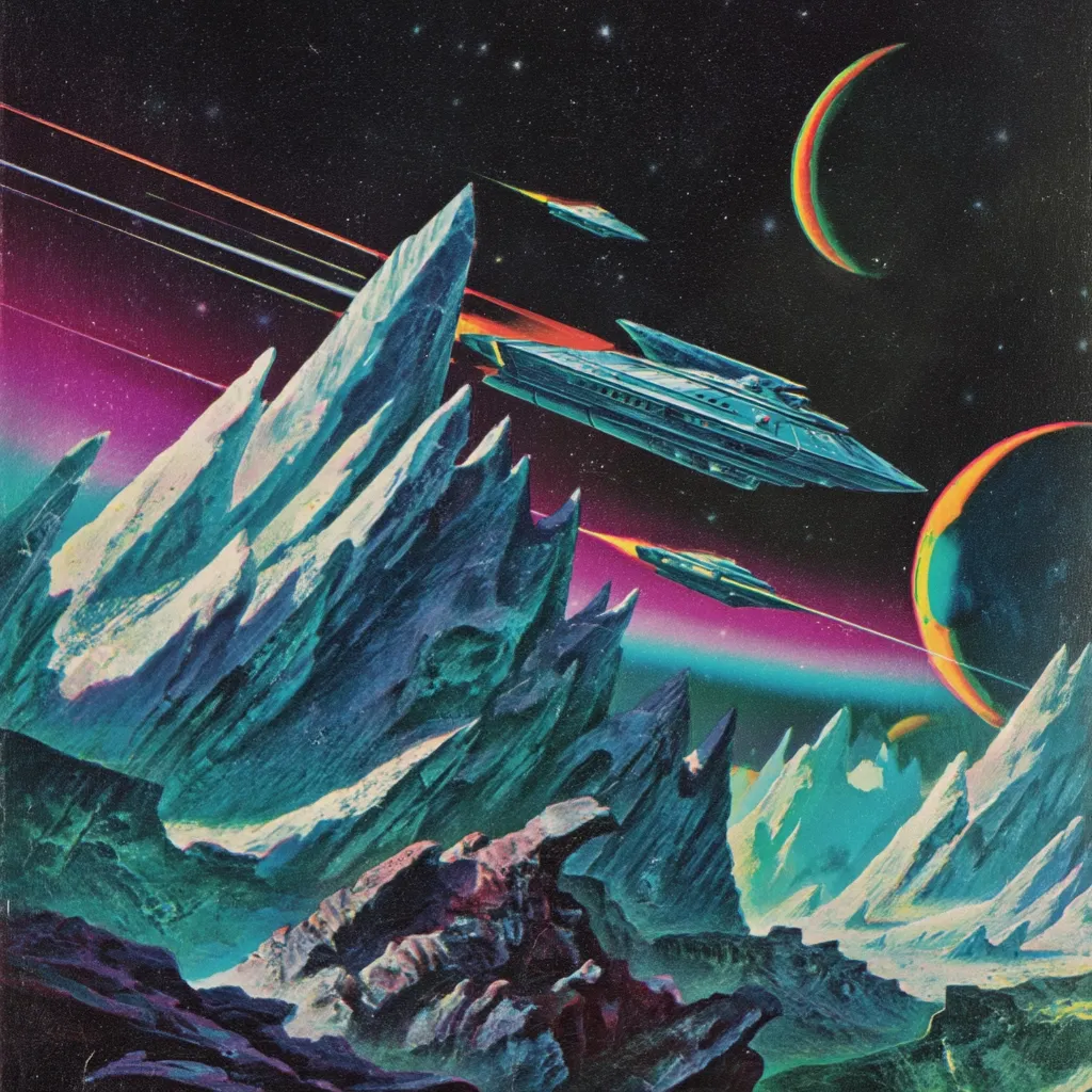 A vibrant retro-futuristic artwork depicts a spaceship fleet soaring through a cosmic landscape.  Sharp, icy mountains dominate the foreground, contrasting with the swirling nebulae and planets in the background.  Trailing streaks of light suggest speed and movement, adding to the dynamic energy of the scene.  The color palette is rich with blues, purples, and oranges, creating a visually striking and otherworldly atmosphere.