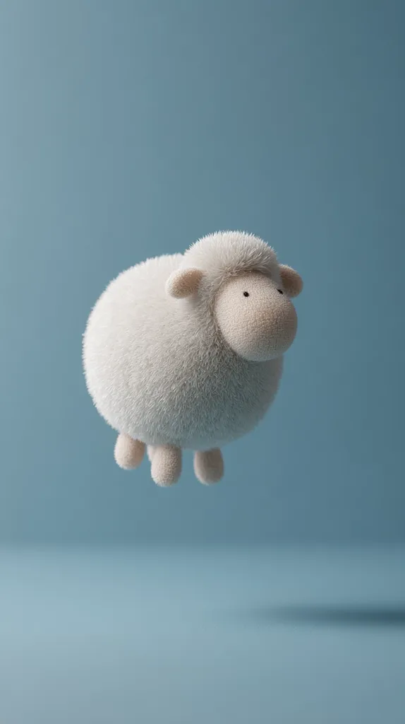 A fluffy, white lamb appears to float against a serene light-blue background.  Rendered in a 3D style, the lamb is depicted with soft, textured fur and small, simple features. The image evokes a sense of calmness and innocence, with its soft colors and gentle subject.  The minimalist setting emphasizes the lamb as the central focus.