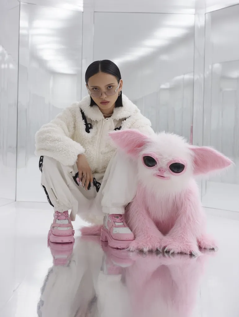A young woman with dark hair, wearing a white fluffy jacket and pink platform shoes, sits crouched beside a large, pink, furry creature resembling a fictional alien.  The setting is a minimalist, reflective white room. The overall aesthetic is modern and playful, with a slightly surreal feel.