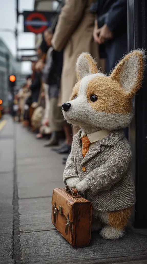 A whimsical felt corgi, dressed in a tweed suit and orange tie, stands on a city sidewalk holding a vintage briefcase.  The corgi is positioned against a blurred background of people waiting at a bus stop, suggesting a scene of urban travel. The overall image is charming and evokes a sense of quiet adventure.