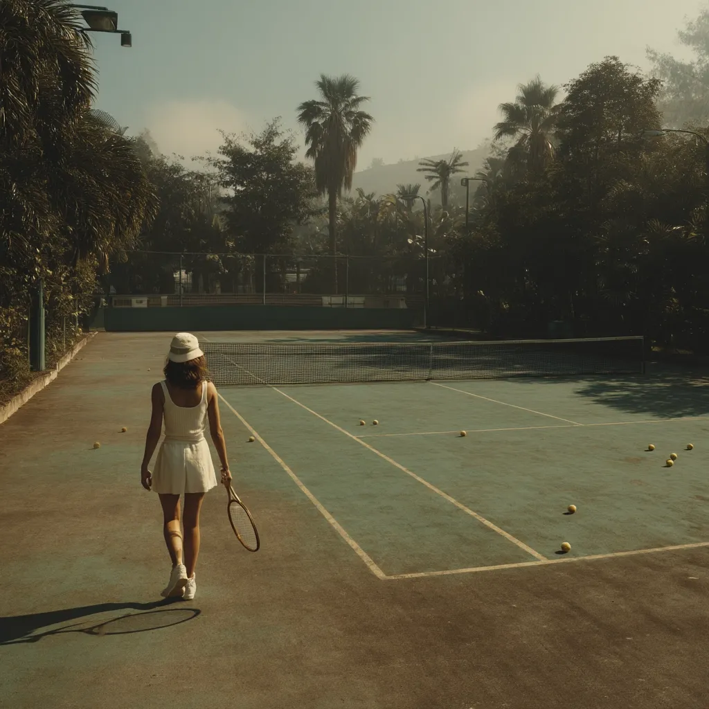 A woman in a white tennis dress and bucket hat walks away from the camera on a tennis court.  The court is green, and several tennis balls are scattered across its surface. Lush tropical foliage surrounds the court, creating a serene, sun-drenched atmosphere.  The scene is reminiscent of a vintage photograph, with a warm, nostalgic tone.