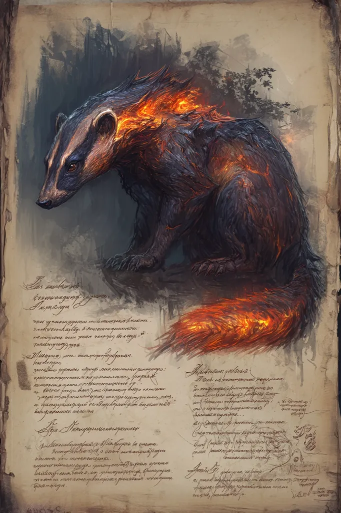 A fantastical badger, rendered in a style reminiscent of an ancient bestiary, is depicted.  Its fur is dark and textured, with streaks of fiery orange emanating from its back and tail.  The creature is positioned against a parchment background covered in handwritten text, lending an air of arcane mystery.  The overall effect is one of magical realism, suggesting a creature of myth or legend.