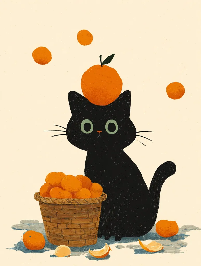 A black cat sits serenely, a large orange perched atop its head.  A woven basket overflows with smaller oranges sits beside it.  Several more oranges are scattered around the base, some peeled. The style is simple, illustrative, with a soft, muted color palette. The overall mood is calm and charming.