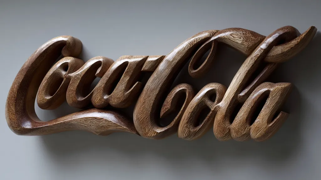 A meticulously carved wooden sculpture of the Coca-Cola logo is presented. The rich brown wood showcases the intricate detail and three-dimensional form of the iconic script.  The piece is elegantly crafted, capturing the flowing curves and distinct lettering of the brand name. The wood grain is visible, adding texture and depth to the artwork.  It's a unique and stylish piece, likely a collector's item or decorative element.