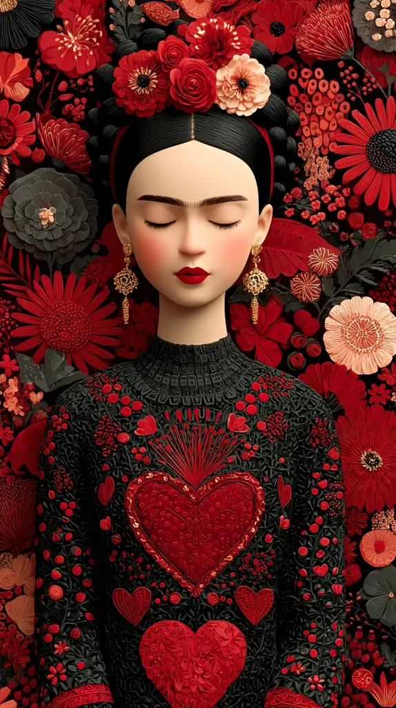 A stylized portrait of Frida Kahlo, depicted with closed eyes and adorned with a vibrant red floral headdress. She wears a black dress intricately embroidered with red hearts and floral motifs, surrounded by a dense background of rich red and black paper flowers. The overall style is reminiscent of paper art or meticulously crafted embroidery.  Her expression is serene and peaceful.
