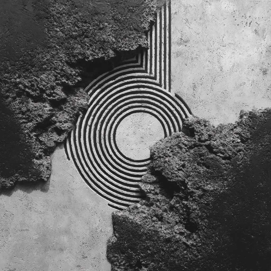 A monochrome abstract artwork features a textured, rough surface resembling dark, volcanic rock contrasted against a smoother, lighter gray background.  A series of concentric circles, etched into the lighter surface, forms a central focal point.  The dark texture appears to partially obscure and overlap the circular design, creating a dynamic interplay of form and texture. The overall effect is a modern, minimalist composition with a strong visual contrast.