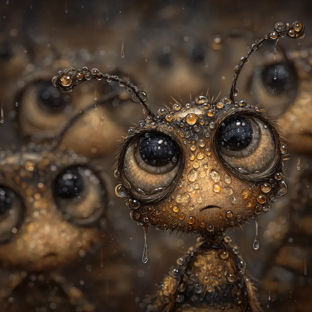 A close-up depicts a whimsical, anthropomorphic insect, covered in glistening raindrops.  Its large, expressive eyes convey a sense of sadness or vulnerability.  The insect is surrounded by others, similarly adorned with water droplets, creating a moody, atmospheric scene in the rain.  The image's style is digital painting, with a focus on texture and detail.