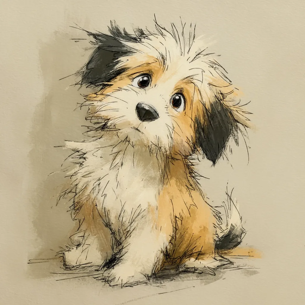 A charming illustration depicts a fluffy, small dog, possibly a Lhasa Apso or mixed breed, seated and looking inquisitively upward. Its fur is predominantly white and light brown, with darker markings on its ears. The artistic style is loose and expressive, using a blend of brush strokes and pencil-like lines to create texture and form. The dog's large, expressive eyes add to its endearing appeal.  The overall tone is light and whimsical.