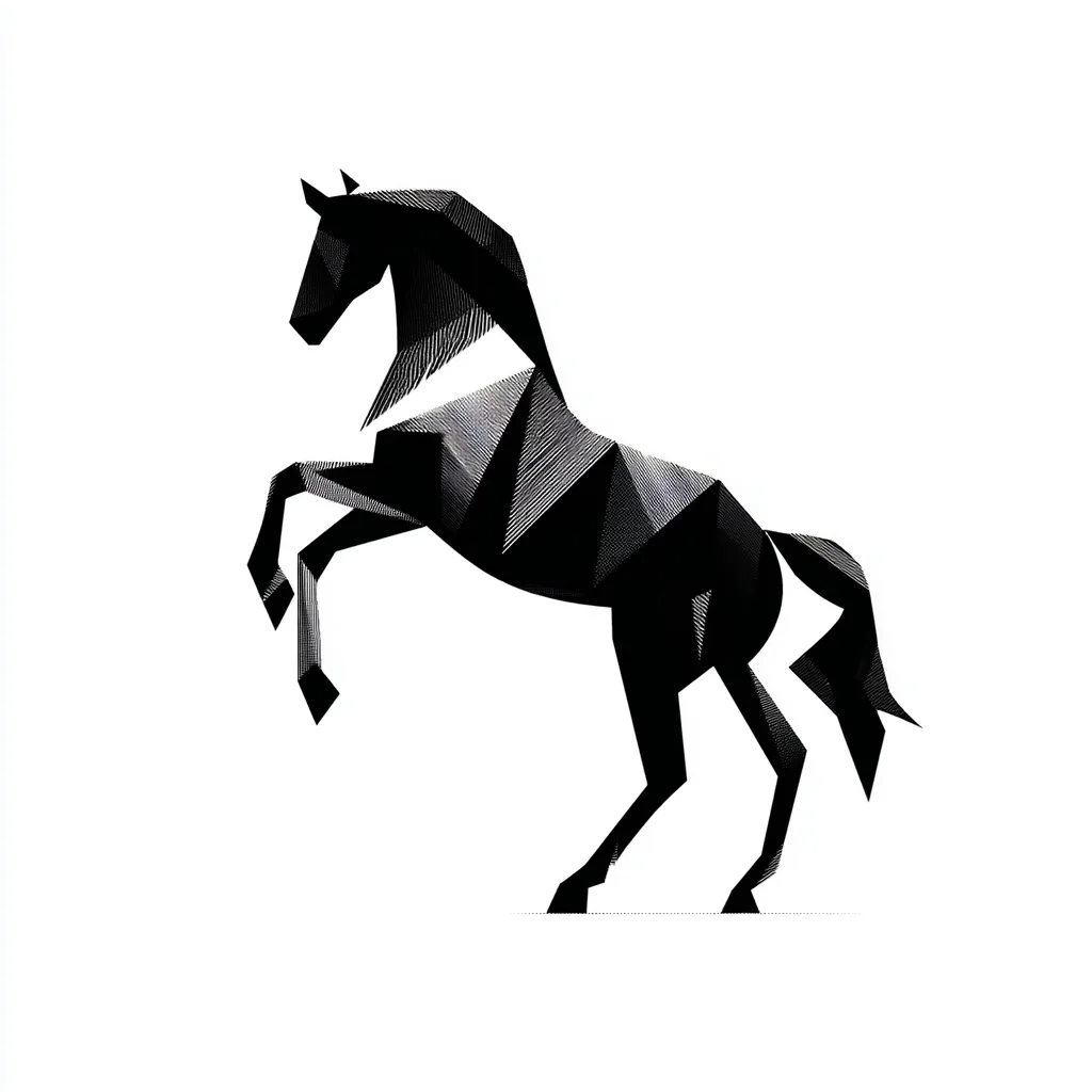 A stylized black horse, rendered in a low-polygonal style, is depicted rearing on its hind legs.  The image uses a monochrome palette and hatched lines to create a sense of depth and form within the angular design. The horse's pose is dynamic, conveying energy and power. The minimalist aesthetic is striking against the white background.