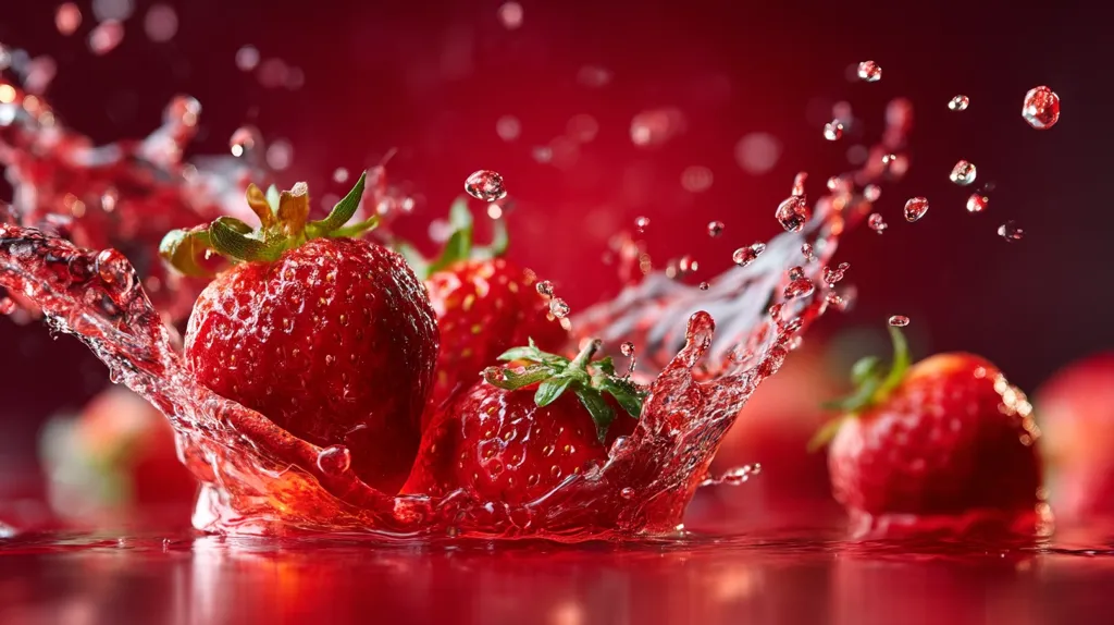 Juicy red strawberries are splashed with water, creating a vibrant, dynamic scene.  The bright red of the fruit contrasts beautifully with the water droplets, which explode outwards in a burst of motion.  Other strawberries are blurred in the background, adding depth to the image. The overall effect is one of freshness and deliciousness.