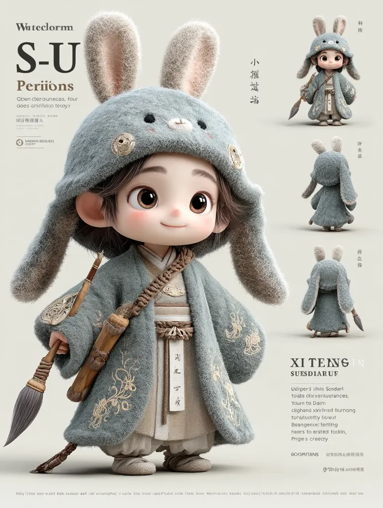 This adorable 3D-rendered character, named S-U Periions, is depicted wearing a bunny-eared hooded coat and traditional Chinese attire.  The character holds a brush and carries a quiver, suggesting an artistic or scholarly persona. The image includes details like embroidered floral patterns on the coat, adding to the whimsical and charming aesthetic.  The text indicates this is from a project titled "Xi Teng" by "Suediaruf."