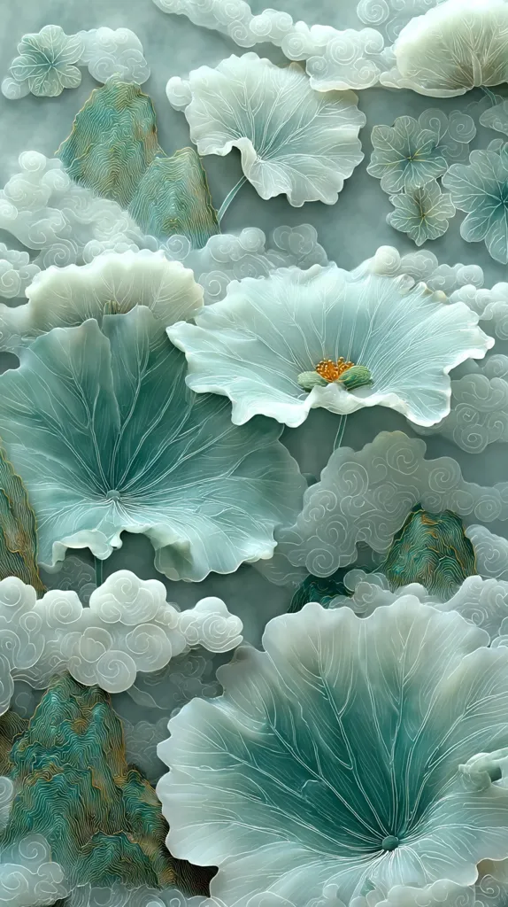 An ethereal artwork depicts stylized lotus leaves and blossoms in varying shades of teal and white, layered against a backdrop of delicate, swirling clouds and textured mountains. The piece evokes a serene, dreamlike atmosphere, with the translucent quality of the leaves suggesting a sense of lightness and airiness.  The gold accents on the mountains add a touch of subtle luxury. The overall composition is harmonious and peaceful.