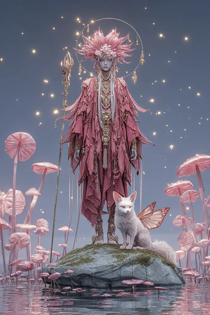 A mystical female figure, adorned in a flowing pink robe and elaborate headdress, stands serenely amidst a surreal landscape.  She holds a golden staff, and a white fox with delicate butterfly wings sits at her feet.  Delicate pink mushrooms sprout from the water, creating an ethereal atmosphere under a twilight sky speckled with glowing particles. The scene evokes a sense of fantasy and magic.