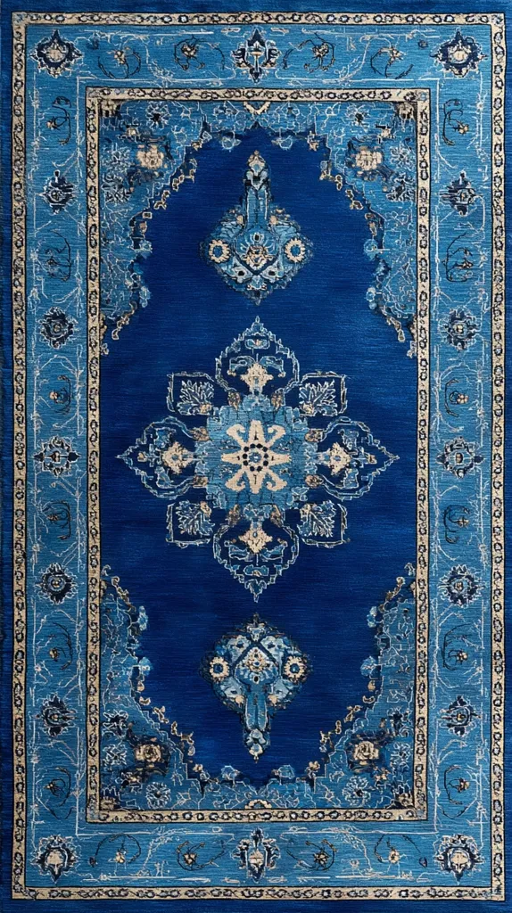 A vibrant blue rug displays an intricate, symmetrical design.  The central medallion features a repeating floral pattern, surrounded by a detailed border of lighter blue and cream accents. The rug's overall aesthetic is classic and traditional, with the rich blue color dominating the design. The border is defined by a series of repeating patterns.