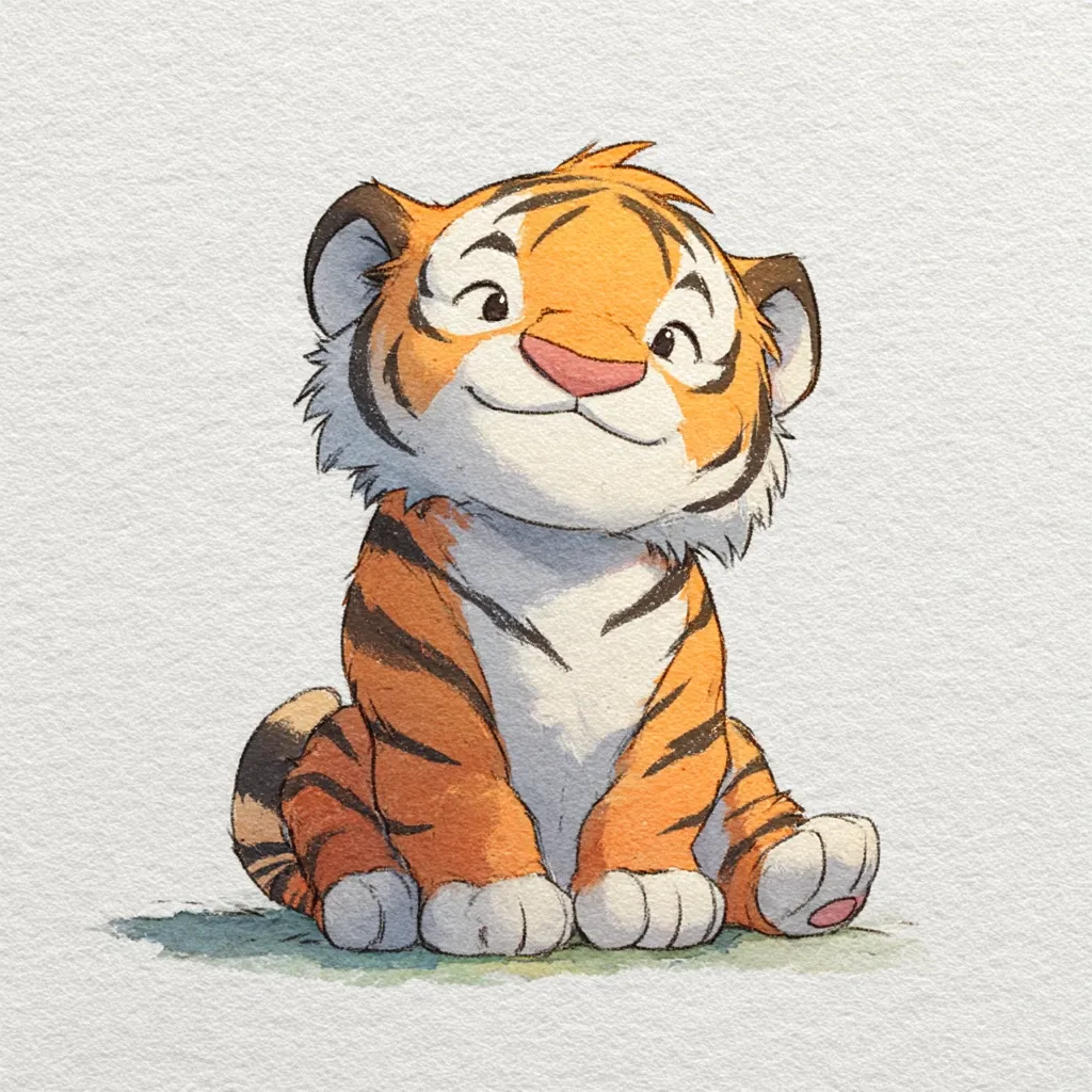 A charming illustration depicts a small tiger cub sitting on the ground.  Its orange and black stripes are softly rendered, and its expression is sweet and innocent.  The cub's paws are neatly tucked beneath it, and it gazes upwards with a gentle smile.  The artwork is done in a style reminiscent of children's book illustrations, with a soft, textured background.