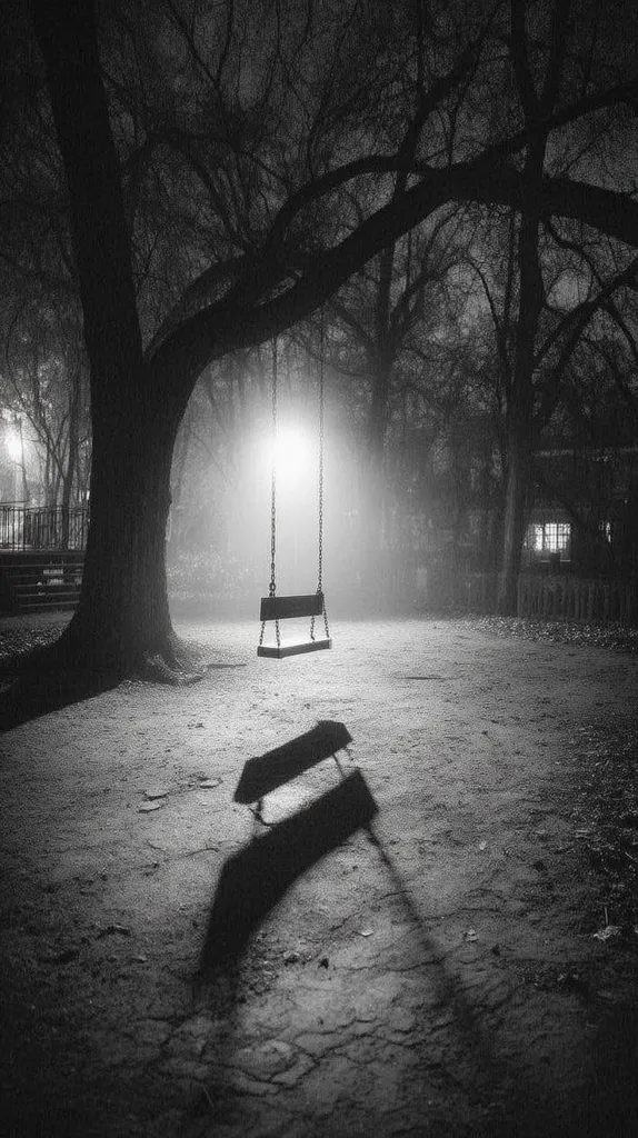 A lone swing hangs from a tree branch in a dimly lit park at night.  The scene is shrouded in fog or mist, creating a mysterious and melancholic atmosphere.  The swing's shadow stretches long on the ground, emphasizing the stillness and solitude of the empty space.  A single lamp illuminates the swing, adding to the poignant mood. The black and white photograph enhances the dramatic effect.