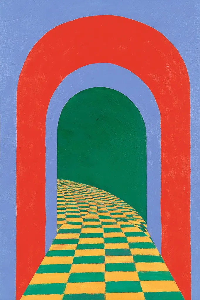 The artwork depicts a vibrant, abstract passageway.  Concentric arches in red, light blue, and a deeper blue frame a green tunnel leading to a checkered floor in yellow and green. The perspective is subtly distorted, creating a sense of depth and movement within the confined space. Bold, flat colors and simple shapes dominate the composition, evoking a playful yet enigmatic atmosphere.