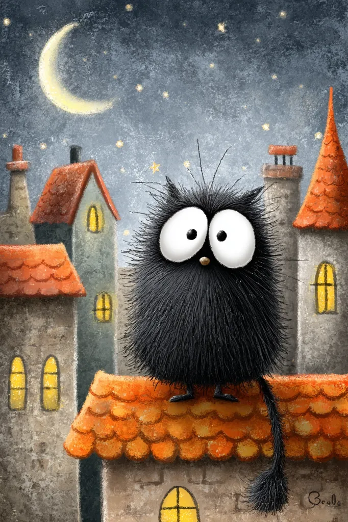 A fluffy black cat with large eyes sits on a rooftop under a crescent moon and starry night sky.  The cat overlooks a quaint village of small, gabled houses with illuminated windows. The scene is rendered in a whimsical, textured style, suggesting a fairytale or children's book illustration. The overall mood is peaceful and slightly mysterious.