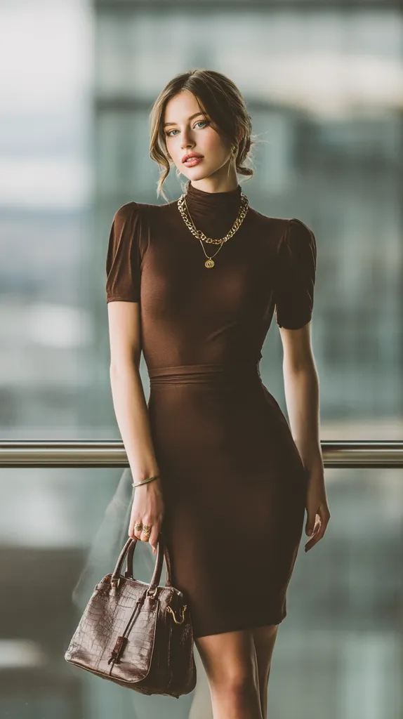 A young woman with shoulder-length brown hair stands elegantly in a brown form-fitting dress.  She accessorizes with gold necklaces and rings, and carries a sophisticated brown crocodile-embossed handbag. The backdrop is a blurred city view, suggesting a modern and stylish setting.  Her pose is confident and poised, projecting a sense of sophistication.