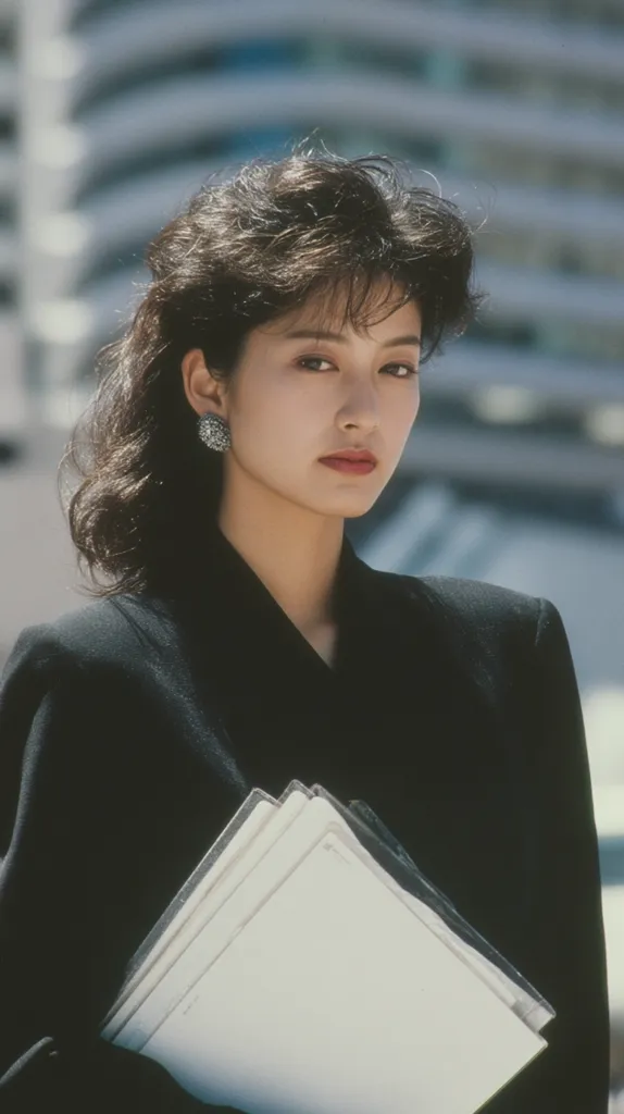 A young woman with dark, voluminous hair styled in a 1980s fashion, wears a black blazer and holds a stack of white files. She has a serious expression, her makeup is subtle, and she wears small, dark earrings. The background is blurred, showing a modern cityscape.  The overall aesthetic is sophisticated and stylish, evoking a sense of professional competence.