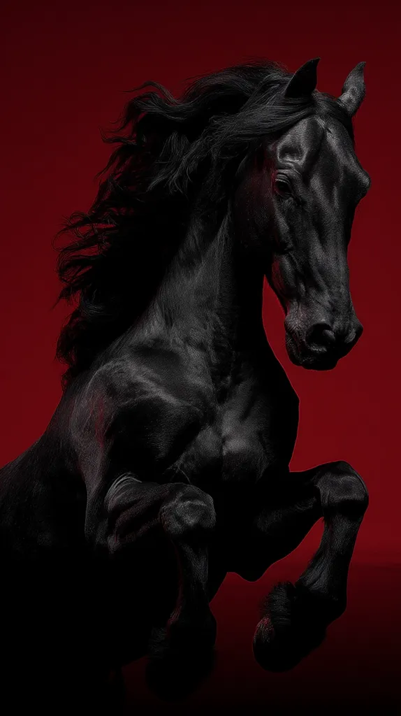 A majestic black horse, its coat gleaming, is captured mid-leap against a rich crimson backdrop.  Its powerful muscles are taut, and its long, flowing mane and tail add to its dramatic presence. The image is sharply focused, highlighting the horse's strength and elegance.  The dark horse stands out vividly against the red, creating a striking contrast.