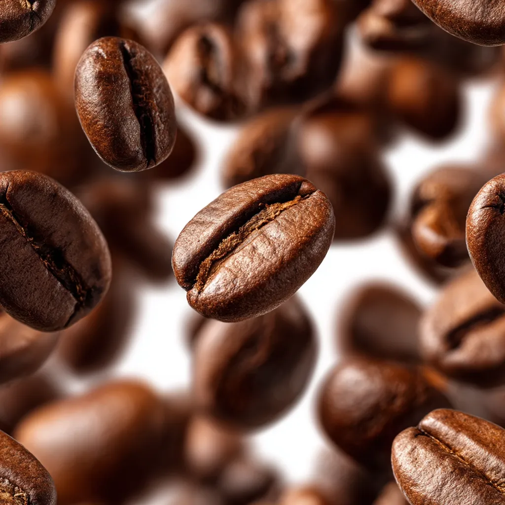 Roasted coffee beans are captured in mid-air against a bright white background.  The image showcases the rich brown color and texture of the beans, emphasizing their natural curves and the subtle details of their surfaces. The beans are sharply in focus, while the background is slightly blurred, creating a dynamic and visually appealing composition.  The overall effect is one of energy and movement, evoking the aroma and vibrancy of freshly roasted coffee.
