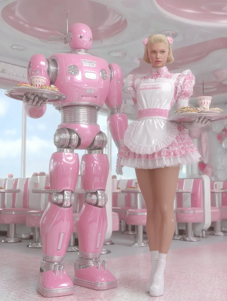 A pink robot and a woman in a pink and white maid outfit stand side-by-side in a retro-style pink diner.  Both hold trays laden with pastries and drinks.  The scene is brightly lit and entirely in shades of pink, creating a whimsical and surreal atmosphere. The robot is large and metallic, while the woman is elegantly styled.  The overall aesthetic is cute and playful.