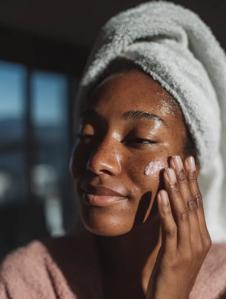 A young woman with a towel wrapped around her head applies a cream to her face.  Sunlight illuminates her features, highlighting her dark skin and the gentle application of the moisturizer.  She has a calm and peaceful expression, suggesting a relaxing skincare routine. The overall mood is serene and focuses on self-care.