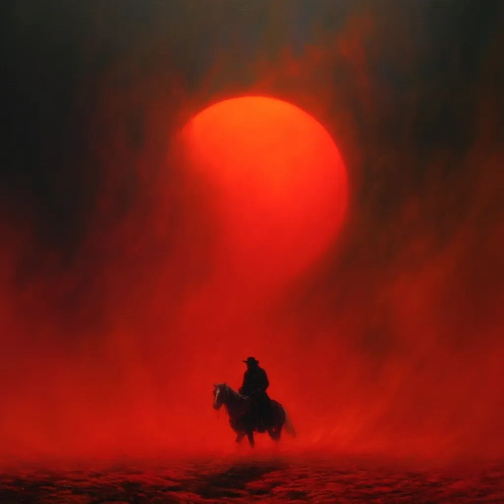 A lone horseman rides across a desolate landscape bathed in the crimson glow of a massive, ominous sun.  The air is thick with a red haze, creating a dramatic and surreal atmosphere.  The silhouette of the rider and horse against the fiery sky evokes a sense of isolation and mystery.  The overall tone is dark and evocative, hinting at a story of hardship and journey.