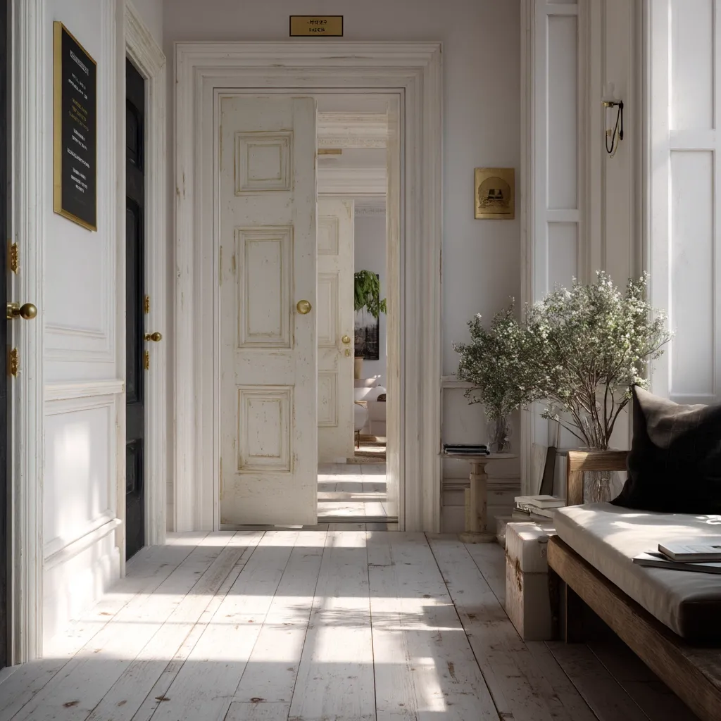 Sunlight streams through a bright hallway with whitewashed wood floors and paneled walls.  A partially open white door leads to another room, visible down the hall.  A wooden bench with cushions and a small potted plant add a touch of warmth to the minimalist aesthetic.  Gold door handles and a small brass plaque add subtle details. The overall feel is serene and elegant.