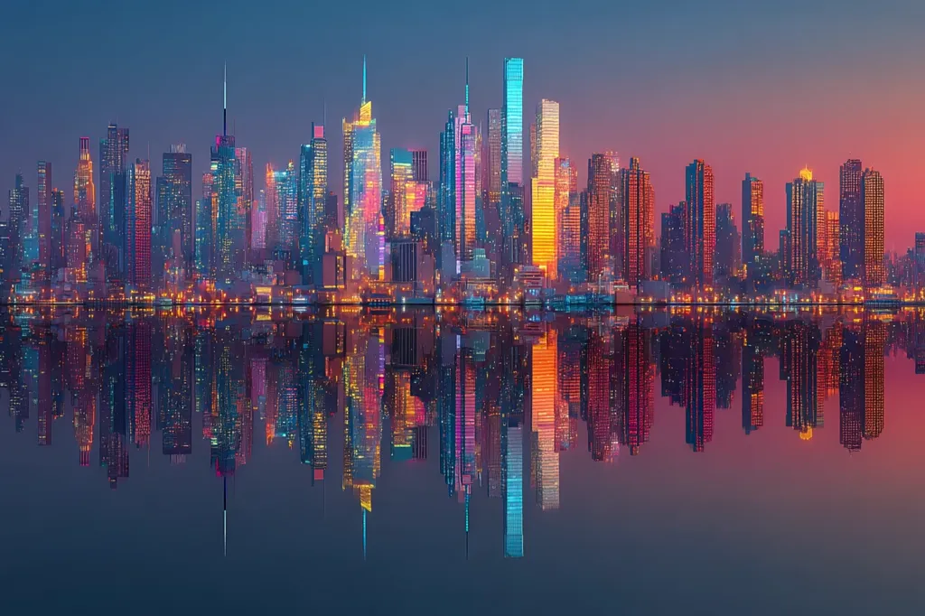 A vibrant cityscape at twilight is mirrored perfectly in still water.  Tall skyscrapers, illuminated in a spectrum of warm and cool colors, create a striking silhouette against the fading light. The reflection is crisp and clear, doubling the visual impact of the urban scene.  The overall effect is one of serene beauty and dynamic energy.