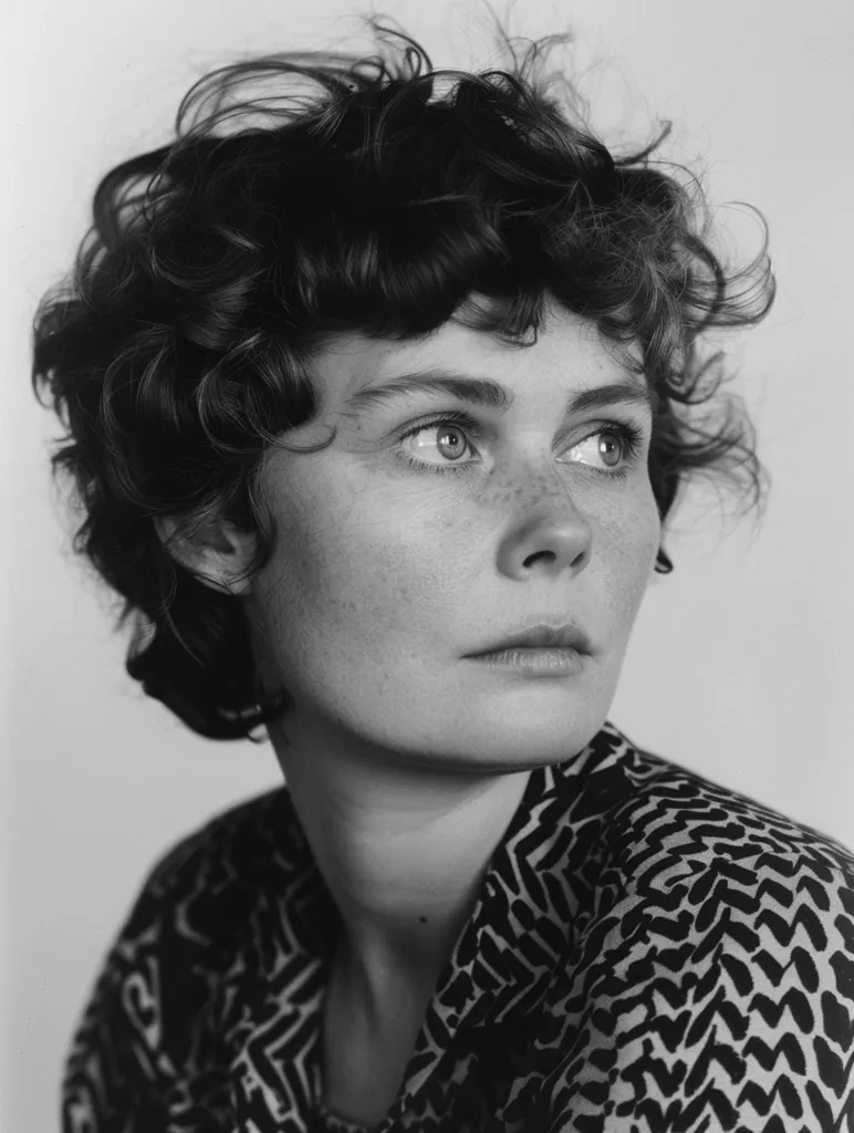 A black and white close-up portrait of a young woman with short, curly hair.  She's wearing a patterned shirt with a geometric design. Her expression is pensive, her gaze directed slightly upward and to the side.  The image has a soft focus, highlighting her freckled complexion and the texture of her hair.