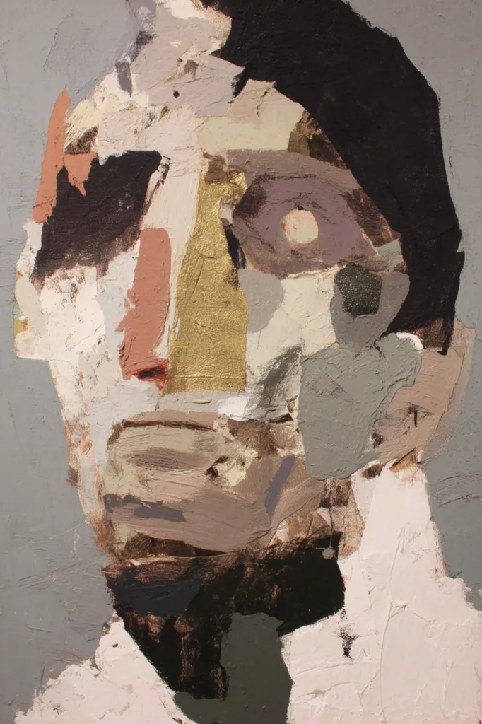 An abstract portrait painting uses thick, textured layers of muted earth tones, grays, and blacks.  The style is expressive and impasto, with visible brushstrokes creating a fragmented face. Gold accents highlight certain areas, adding a touch of warmth to the otherwise somber palette. The overall effect is one of emotional depth and contemplation.