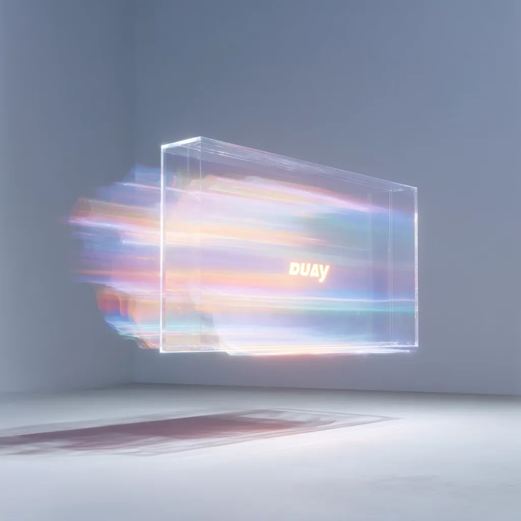 A transparent rectangular box floats in a minimalist white room.  Inside, iridescent streaks of light resemble blurred motion, overlaid with the word "DUAY" in a pale yellow font.  The box casts a faint, blurred shadow on the floor, enhancing the ethereal and otherworldly quality of the image.  The overall aesthetic is clean, modern, and suggestive of technological advancement or digital art.