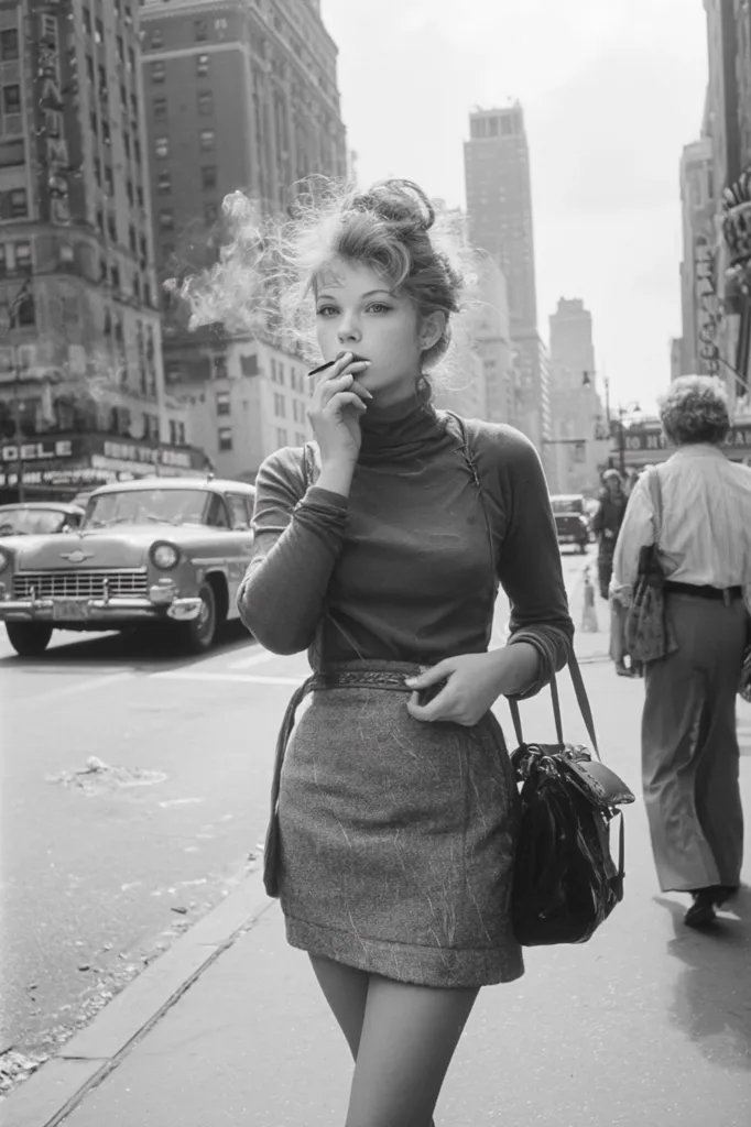 A young woman with a bouffant hairstyle smokes a cigarette on a busy New York City street. She's stylishly dressed in a turtleneck sweater, A-line mini skirt, and carries a shoulder bag.  The city backdrop features classic architecture and vintage cars, creating a nostalgic 1960s atmosphere. The black and white photography enhances the image's timeless quality.