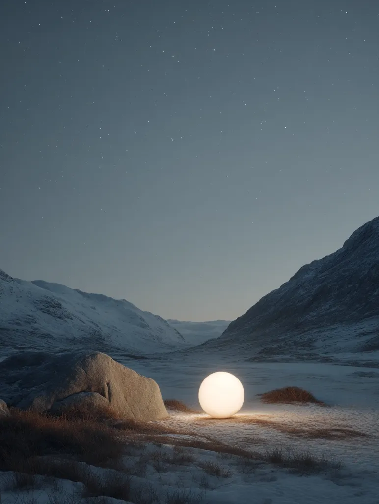 A glowing orb rests in a desolate, snow-covered valley nestled between imposing mountains under a twilight sky speckled with stars.  The scene is serene and minimalist, with a large rock in the foreground and sparse, dry vegetation. The light from the sphere casts a soft glow on the ground, creating a dramatic contrast against the cold landscape.