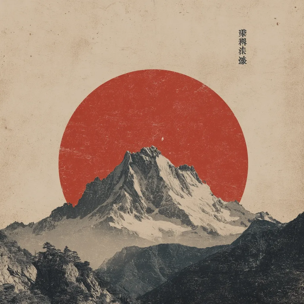 A minimalist artwork depicts a snow-capped mountain range silhouetted against a large, red sun.  The muted color palette and textured background evoke a vintage aesthetic, possibly inspired by Japanese art.  Vertical Chinese characters are subtly placed in the upper right corner. The overall effect is serene and evocative of a peaceful, distant landscape.