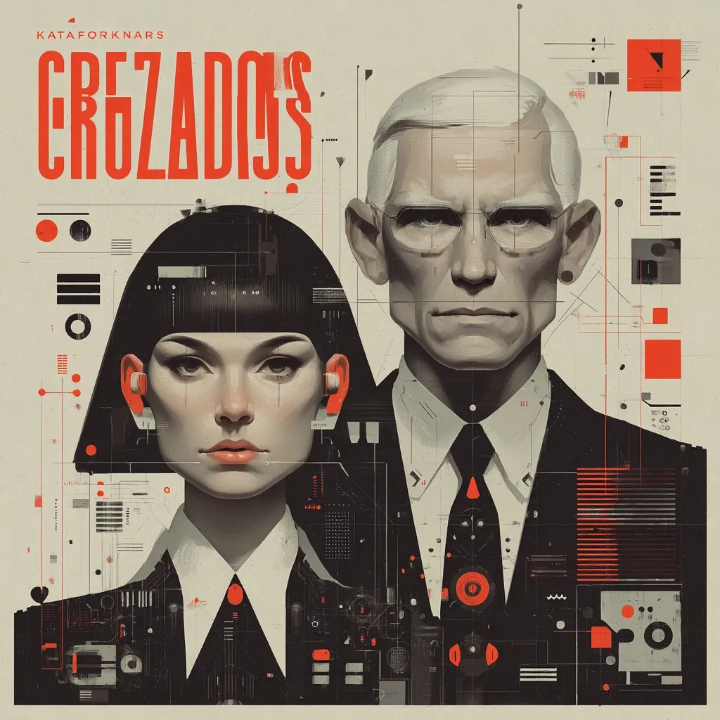 A stylized artwork depicting a man and a woman, both with severe haircuts, dressed in formal attire.  The man is older, light-haired, and wears glasses.  The woman has dark hair and a more modern look.  They are positioned against a background of geometric shapes and technical diagrams, suggesting a futuristic or technological theme. The title "CRUZADOS" is prominently displayed in bold red lettering. The overall style is graphic and minimalist.