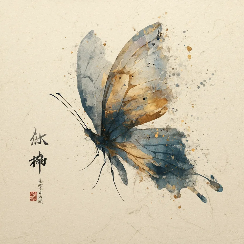 A watercolor painting depicts a butterfly in flight.  Its wings are a blend of muted blues and golds, rendered with a loose, expressive style.  Watercolor splatters add texture and movement.  Chinese calligraphy is subtly incorporated to the left, adding an element of artistry and cultural context. The overall effect is one of delicate beauty and ethereal grace.