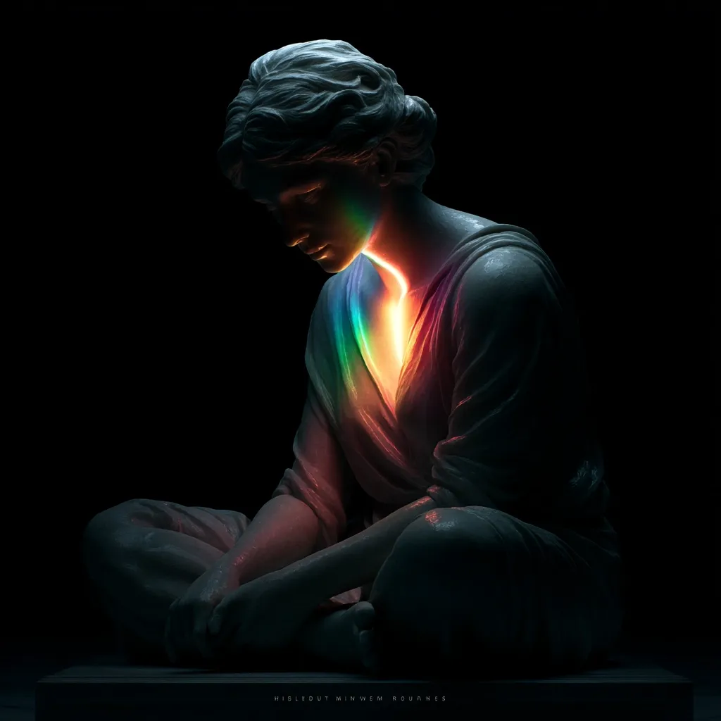 A grayscale statue of a woman sits cross-legged, head bowed in a contemplative pose.  A vibrant, rainbow-colored light emanates from her chest, illuminating her form against a stark black background. The ethereal glow contrasts with the statue's cold, stone texture, creating a captivating and surreal image.  The overall mood is one of quiet introspection and inner light.