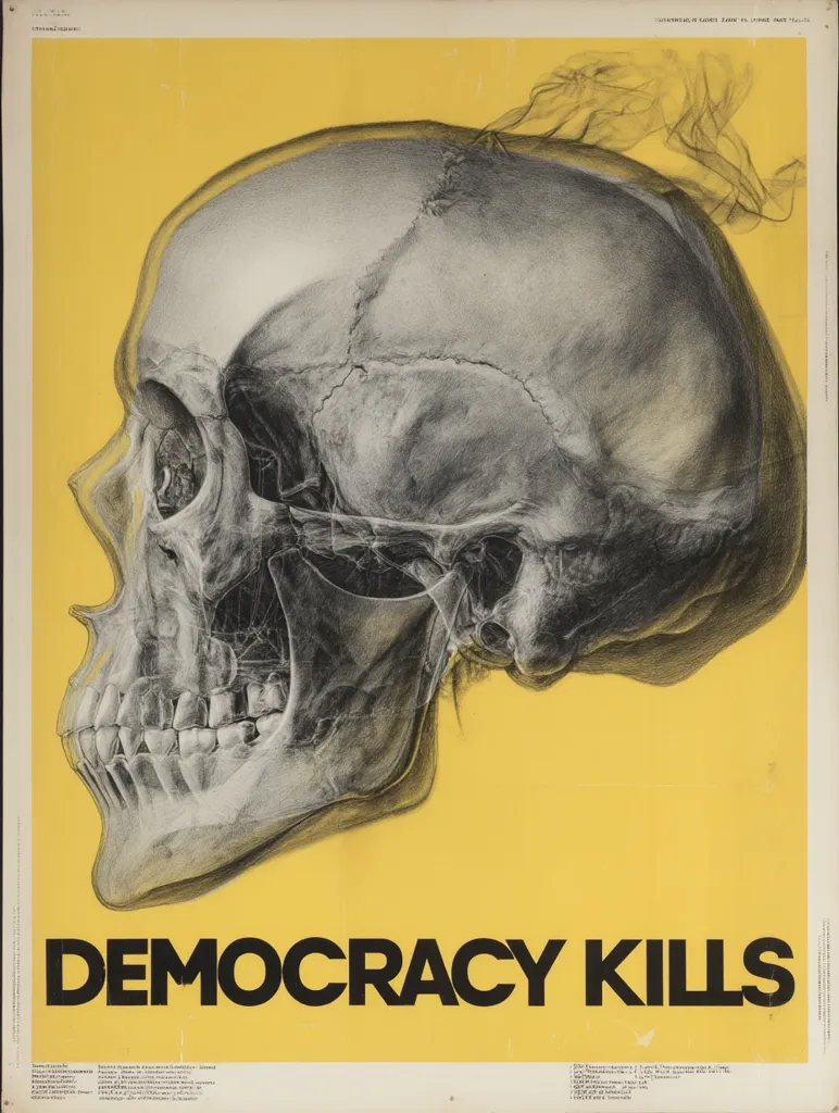A striking poster features a detailed grayscale profile of a human skull against a vibrant yellow background.  The skull, seemingly rendered from an X-ray, is depicted in profile view, showcasing the intricate bone structure.  Bold, black lettering proclaims "DEMOCRACY KILLS" across the bottom, creating a stark and provocative message. The overall effect is visually arresting and politically charged.