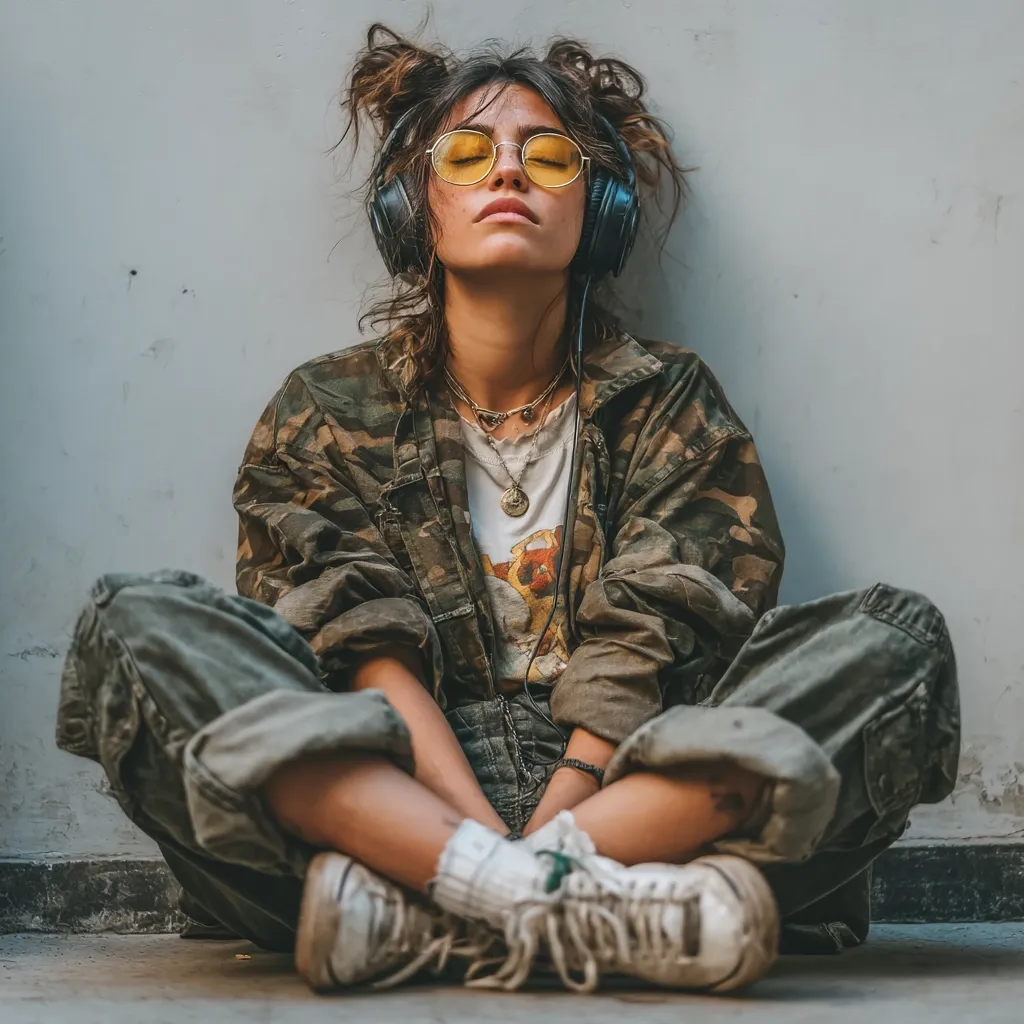 A young woman with her hair in space buns sits cross-legged against a wall, wearing a camouflage jacket, cargo pants, and white sneakers.  She has on yellow round sunglasses and over-ear headphones, her eyes closed in peaceful enjoyment of her music.  She wears several necklaces and a graphic tee shirt. The overall style is relaxed and bohemian.