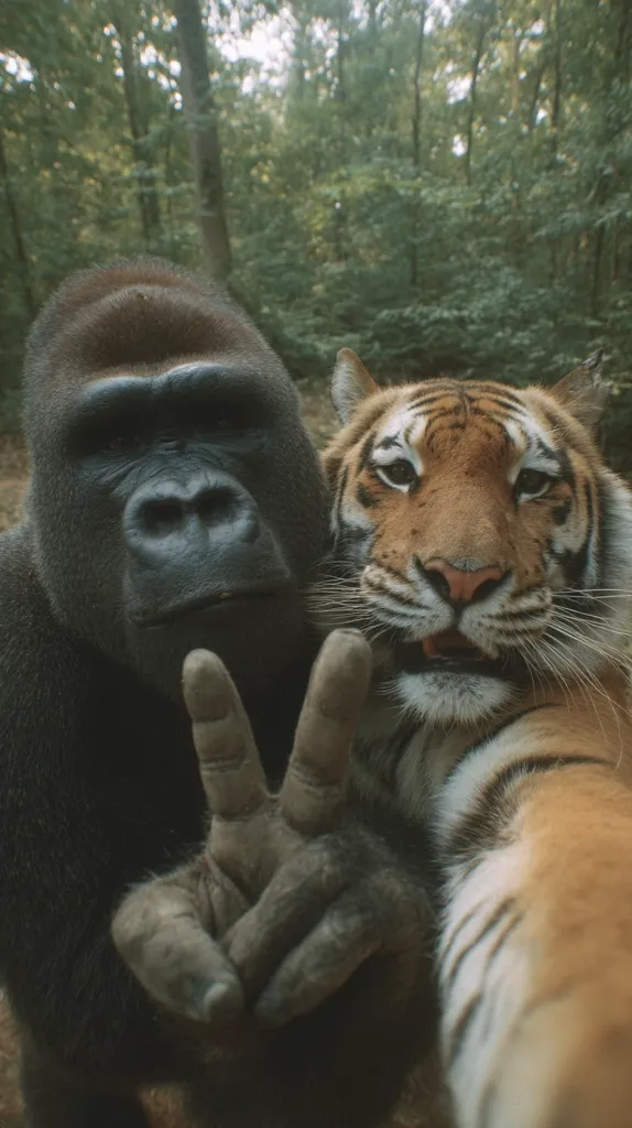 A gorilla and a tiger pose for a selfie in a lush forest.  The gorilla's hand makes a peace sign, while the tiger's arm wraps around it.  Both animals are in close proximity, creating a unique and unexpected friendship image. The background showcases a dense, green forest environment.