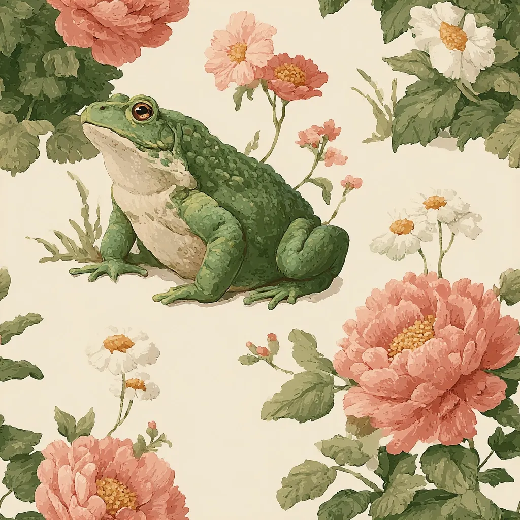 A charming illustration features a green frog sitting amidst a delicate floral arrangement.  Soft pink peonies and white daisies are intricately depicted, creating a whimsical, nature-inspired scene. The artwork uses a muted color palette, resulting in a serene and elegant aesthetic.  The overall style suggests a vintage or botanical print.