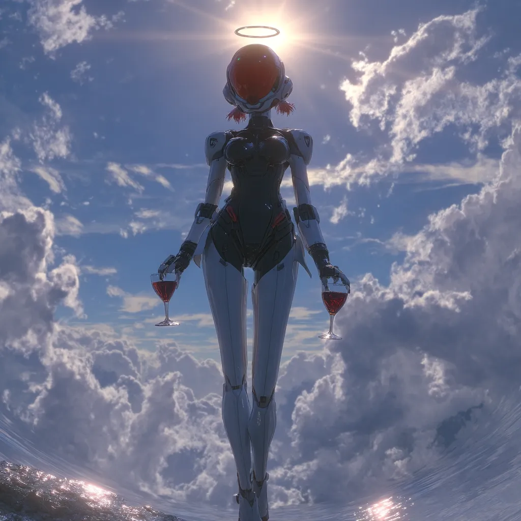 A female android, clad in sleek white and black armor, stands serenely amidst a breathtaking expanse of clouds.  A halo-like light circles her head, casting a divine aura.  She holds a wineglass in each hand, the crimson liquid a striking contrast against her robotic form. The scene is surreal and peaceful, evoking a sense of ethereal beauty and futuristic tranquility.