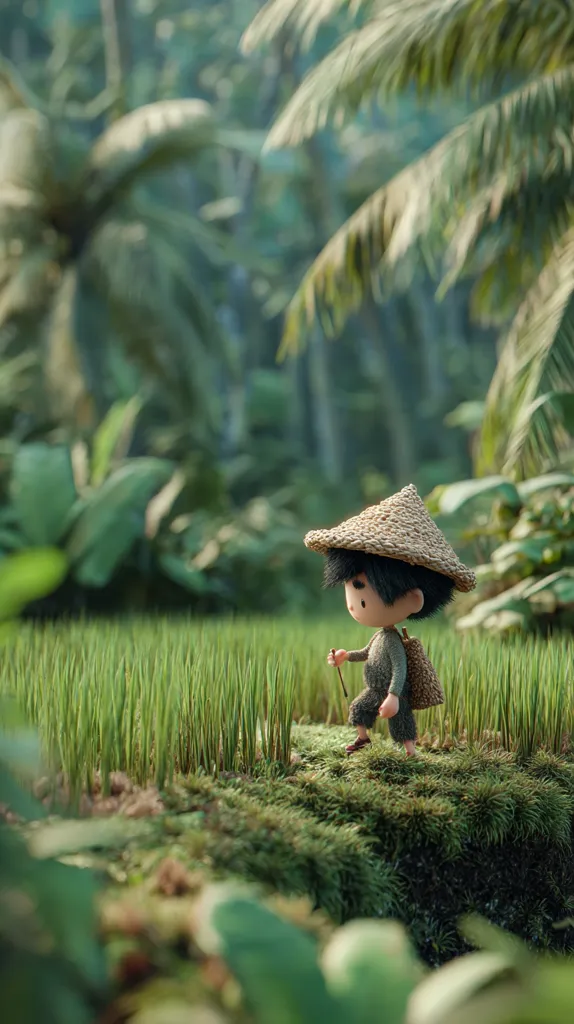 A charming 3D-rendered illustration depicts a small, cartoonish figure, wearing a conical straw hat and carrying a small backpack, traversing a verdant rice paddy.  The backdrop is a lush, tropical landscape filled with palm trees, creating a serene and idyllic scene. The overall mood is peaceful and whimsical.